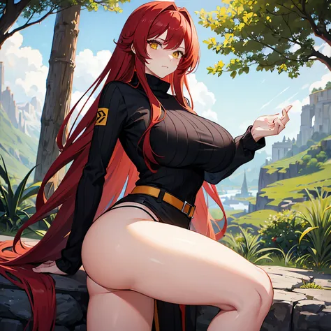 Long red hair, yellow eyes, big ass, big breast, turtleneck knit, hiking.