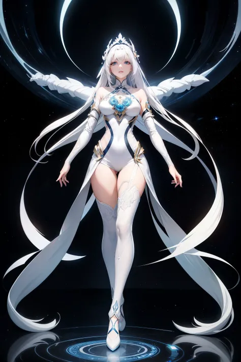 A woman with white hair, adorned in a futuristic outfit, stands in awe before a breathtakingly spiral galaxy, known as Ghailan! Her features are extraordinarily detailed, showcasing wrinkles, every strand of hair, and the intricacies of her clothing. Dress...