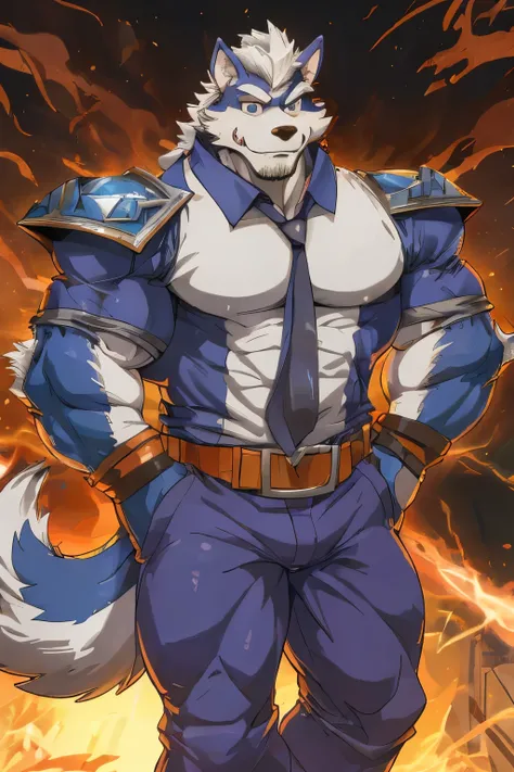 Cartoon of a man with a furry tail and a shirt, wolf odonnell, Muscular werewolf, muscular! white, high resolution committee, Anthropomorphic wolf man, human wolf, Inspired by Rob Liefeld, body committee, husky in shiny armor, Firmware version, Hairy chest...