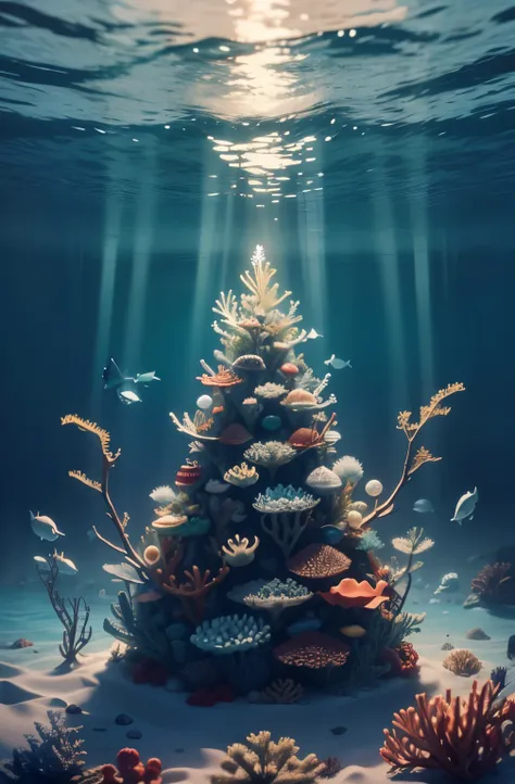 Underwater scene. A shark in a small Santa Claus hat swims among seaweed dressed up like a Christmas tree.