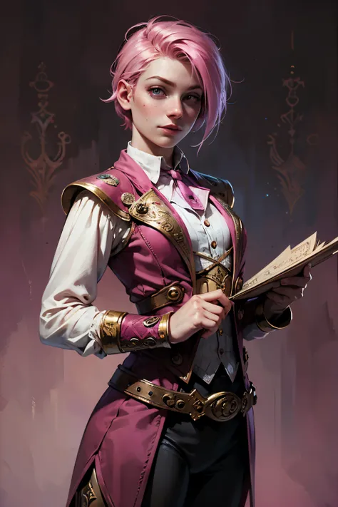 fantasy steampunk, a young girl, brush cut, pink hair, freckles, pale eyes, smiley face, pink velvet doublet, circus background, tarot in her hands, she is an illusionist and fortune teller, teenager, gypsy style in clothes, Western fantasy style
