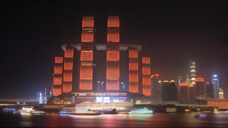 night，Alaflai lights up a city&#39;s skyscrapers，There is a boat in the water, chinese new year in Shanghai, Giant red LED screen, mega high-rise building, Hangzhou, Beautifully lit buildings, Night shooting, Shanghai, Reminiscent of blade runner, huge fut...