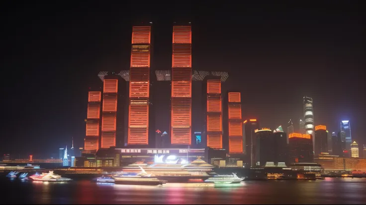 night，Alaflai lights up a city&#39;s skyscrapers，There is a boat in the water, chinese new year in Shanghai, Giant red LED screen, mega high-rise building, Hangzhou, Beautifully lit buildings, Night shooting, Shanghai, Reminiscent of blade runner, huge fut...