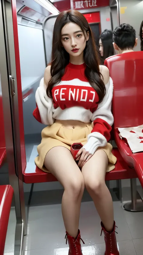 A beautiful woman sitting on a red bench，Wearing a red and white sweater，black skirt，Black boots，旁边有泰迪熊和santa, Christmas tree and red phone box in the background，🕹️ 😎 🔫 🤖 🚬, Dilireba, 🤬 🤮 💕 🎀, 🕹️ 😎 🚬, Bae Xiuzhi, 8k)), exclusive, Minami Zaiwa, santa, Heigh...