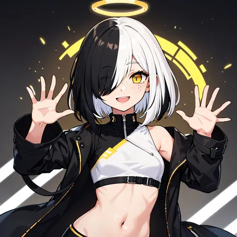 1girl, (hair over one eye:1.2) , (multicolored hair , white hair, black hair:1.4) , short hair, yellow eyes , freckles, small breasts , (mechanical halo) , midriff , black crop top , black coat with gold lines , waving , light smile 