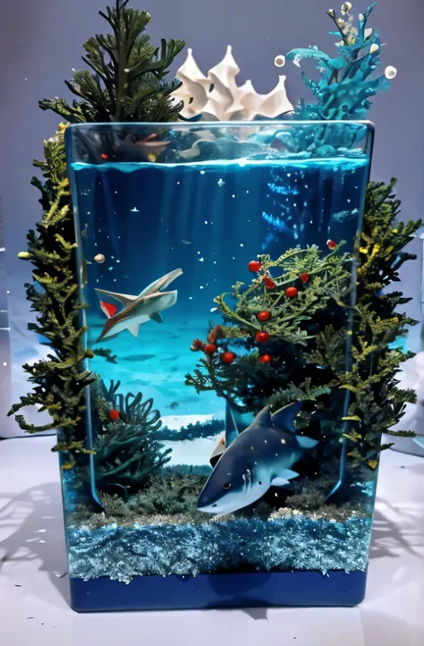 underwater scene. detailed shark, side view, on the top of the shark a small santa claus hat. shark swims among seaweed dressed ...