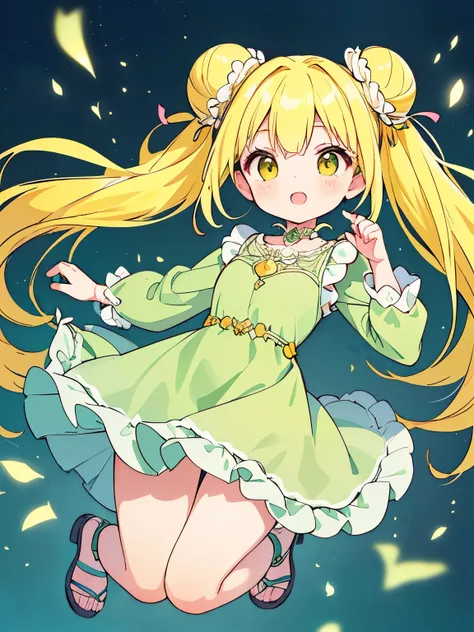 disorganized, High resolution, (anime style etc.:1.1), ((muste piece)), ((best quality)), (Super detailed), (Beautiful),pretty face、(lift up),pretty girl、(((twin tails、bun hair、yellow hair、)))((((whole body、jumping、Jump high))))(((elegant green dress)))(((...