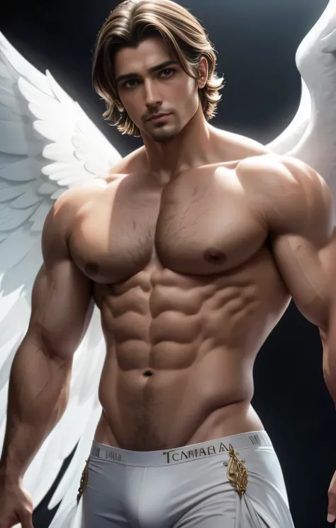 Describir en detalle la figura de un hombre, Archangel with angelic features turned completely to the left. torso denudo, grandes musculos, Como el pelo blanco, largo y liso, Las alas blancas y angelicales en su espalda, as well as its extremely striking b...