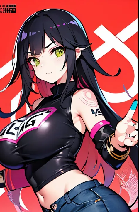 (MASTERPIECE), (Best Quality), (Ultra Detail), Official Art, One Girl, background, mixed-language_text, Japanese letters in graffit, beautiful woman em ação, long black hair, excellent lighting, sidelighting, perfect ultimate (flat color pink bubblegum gra...