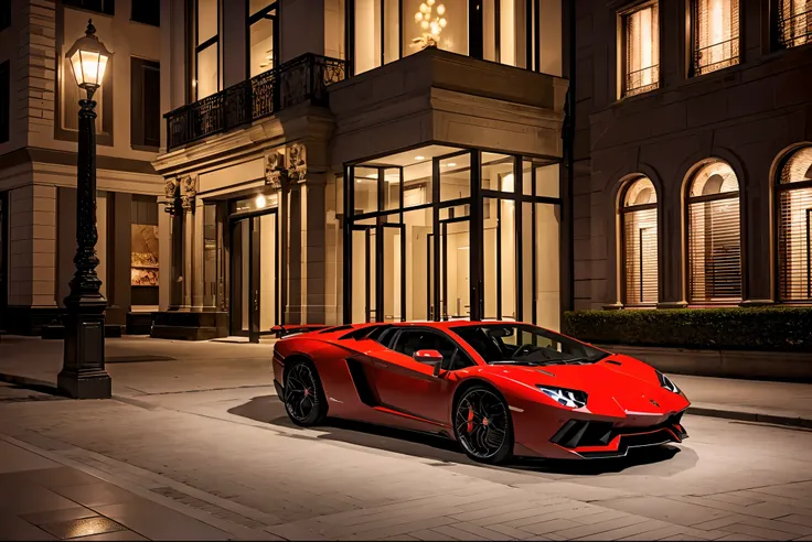 red lamborghini aventador　　precision and high quality　realistic three-dimensional feel　beautiful background　street parking in fr...