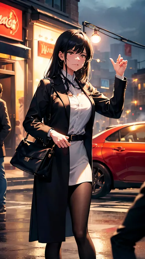 (Horizontal light and shadow, ultra high definition, higher, super detailed,masterpiece，many details),((modern night,1.2))，Woman standing in the street，((His face is full of tears,1.5))，The background is a burning western restaurant，camera tilted slightly，...