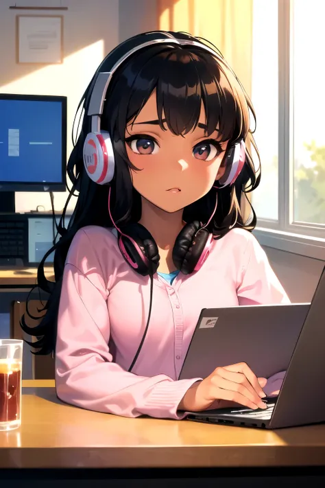 ((best quality)), ((masterpiece)), (detailed), perfect face
Lofi black girl, ((headphone)),((student)),((studies in front of the computer in his room)),INFO