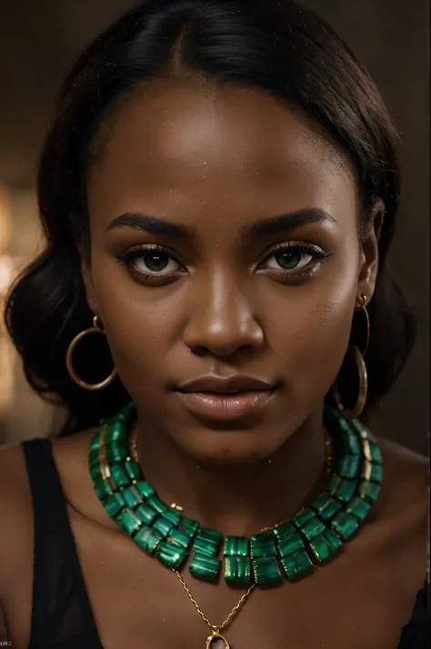 8K, RAW picture, Young african woman, pin-up girl, close-up, portrait, green eyes, stockings, lot of jewellery, dark background, detailed busy background