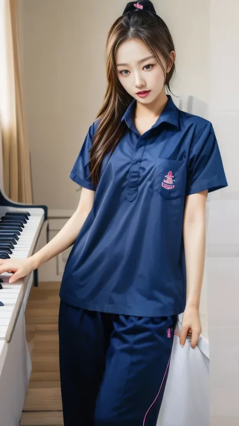 2 girls in the piano room, Navy blue short-sleeved shirt,Navy Long Trackpant,Sweatpants, Sweatpantsขายาว