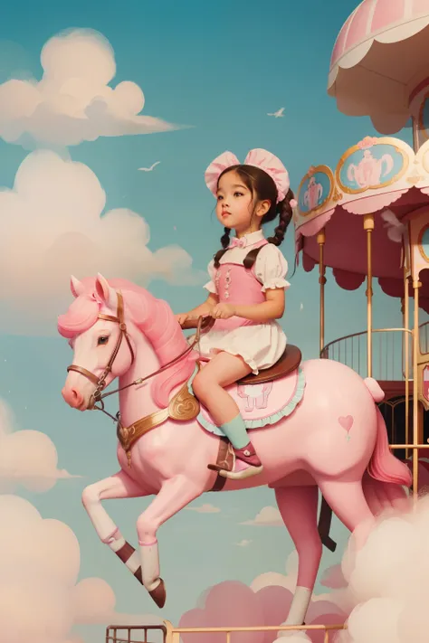 1880s Bubblegum Cloud Carousel in the Cotton Candy Sky (Location: Cotton Candy Sky)
Character: A bubbly child, aged 8, with bubblegum-pink pigtails, rides a magical carousel in the cotton candy sky during the 1880s. Wes Andersons carousel palette paints a ...