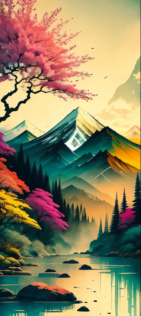 very colorful scenery, ink, mountains, waterfall, trees