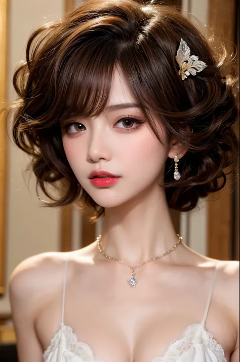 table top,1 girl,(mature woman:0.5),tall body,golden ratio,(K-POP idol),(shiny skin:1.2),(oil skin:1.1),compensate,(close),(church background),Depth of bounds written,(closed mouth:0.5),((curly hair、curly hair、brown hair)),(puffy eyes),(eyelash:1.1),(parte...