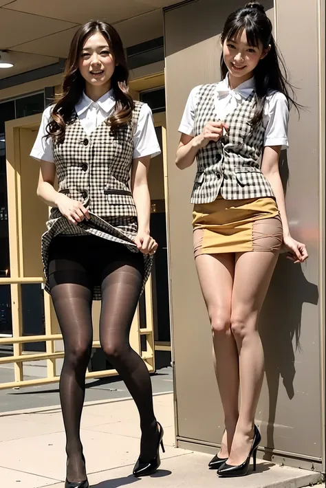 Ulchan-6500-v1.1, (RAW photo:1.2), (Photoreal), (genuine:1.4), １girl、perfect anatomy、28 years old、look at the camera、medium long hair、yellow checkered vest、((Are standing:1.3))、(super realistic pantyhose:1.2), (high heels)、(Business service)、((skirt lift))