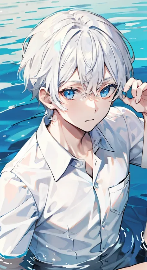 Male, shirt, swimming in the lake, white hair, blue eyes, transparent, muscles