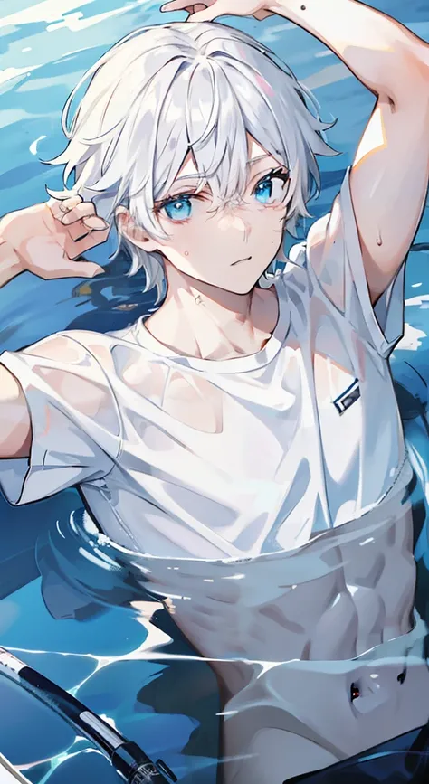 Male, shirt, swimming in the lake, white hair, blue eyes, transparent, muscles