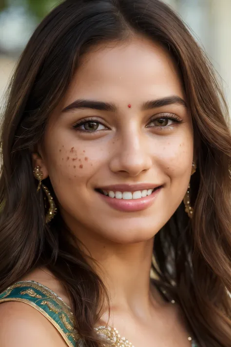 (best quality,4k,8k,highres,masterpiece:1.2),ultra-detailed,(realistic,photorealistic,photo-realistic:1.37),
beautiful smile,smiling face,detailed eyes,detailed lips,delicate nose,
freckles,soft skin,brown wavy hair,elegant posture,feminine charm, indian d...