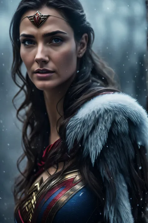  SUPERMAN and wonder woman, Close-up, mid-shots wonder woman, towards in the foreground, ice, wild, Nordic, cold winter, harsh winds, snowing, tundra in the background, cinematic, ultra detailed, visually rich, concept art, luminous, dimly lit dark environ...