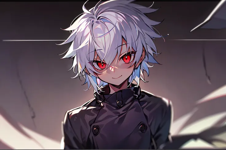 hight resolution,anime boy with white hair and red eyes staring at camera, red eyes,slim, dressed in a black outfit,shadow body,...