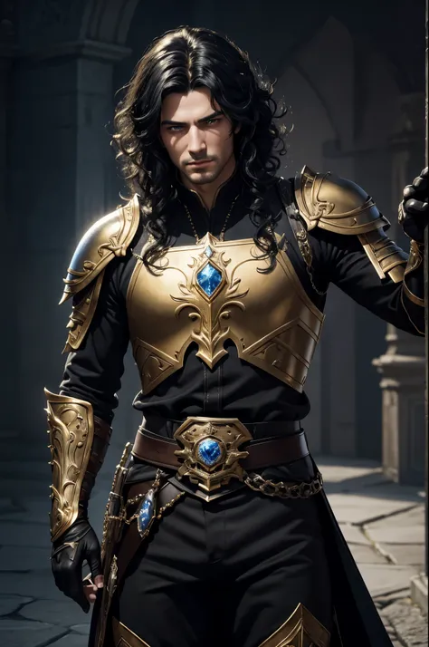 8K,Photoreal,Raw photo(highest quality;1.4) ,(1 adult male),super handsome(lifelike face),long black hair perm,handsome prince with blue eyes,black and silver aristocratic look,Black and gold trousers,golden decoration,　glare,Equipped with a long and large...