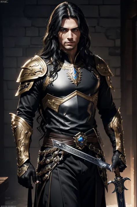 8K,Photoreal,Raw photo(highest quality;1.4) ,(1 adult male),super handsome(lifelike face),long black hair perm,handsome prince with blue eyes,black and silver aristocratic look,Black and gold trousers,glare,Equipped with a long and large sword on the waist...