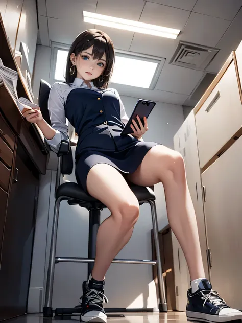 a receptionist woman, angle from below, drooping eyes, realistic skin, rugged sneakers, tiny earrings, bringing some documents, ...