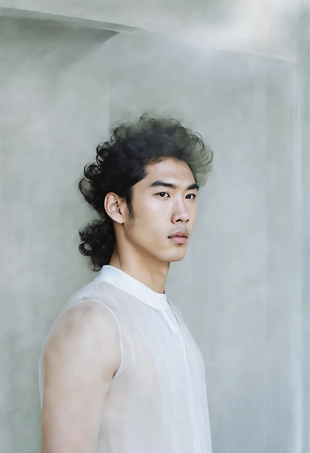 face completely transparent、Portrait of Asian man with thick curly dark hair