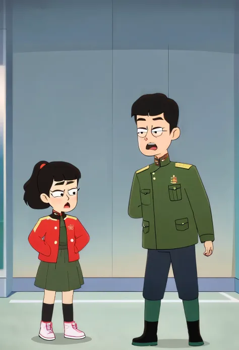 Chinese cute boy and little girl couple arguing，Wearing the Northeastern red floral jacket and green military coat that will be popular in 2023