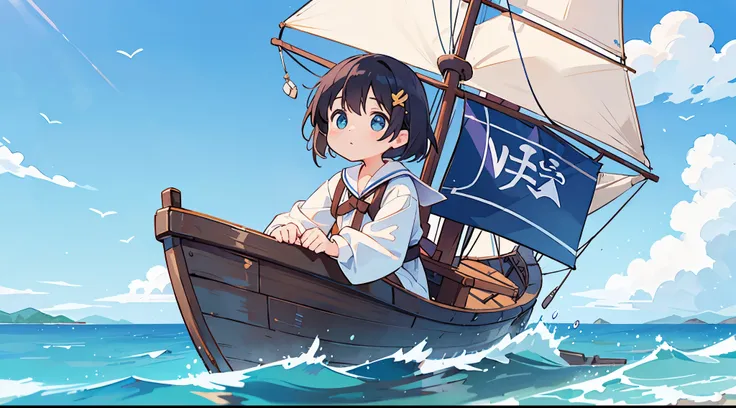 A girl posing cutely in front of a large sailing ship、Bokeh effect strong、Blue sky、cloud、Ocean