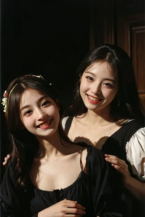 fruits,Grapes,Rosa,antique,A smile,,Sweet and seductive appearance.、Caravaggios paintings、Chiaroscuro of Caravaggio,Two women frolicking,Cute smile, Expression of ecstasy
