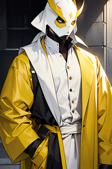 man dressed in yellow garbs and a Pale white mask