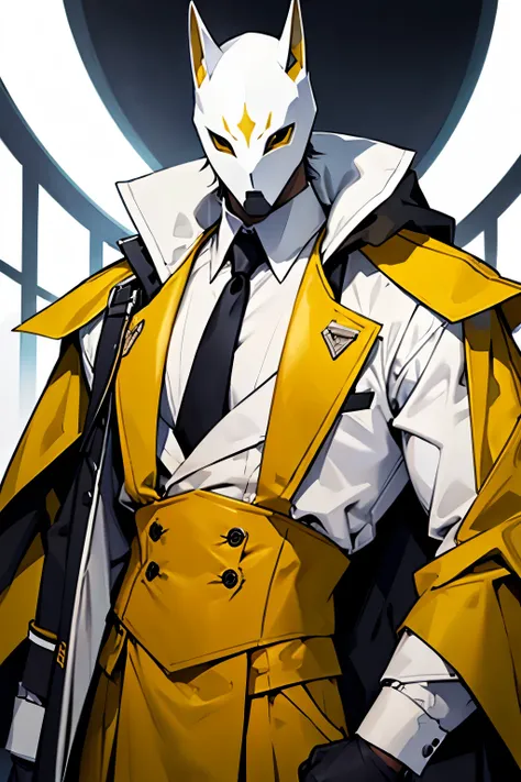 man dressed in yellow garbs and a Pale white mask