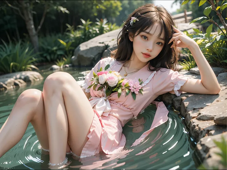 pleated skirt,pink skirt,pink sailor collar, ((full body)), ((long-range shots)), beautiful legs, slender legs, openair onsen, p...