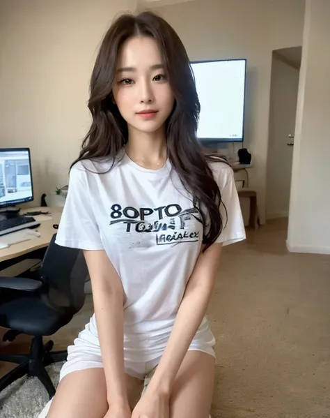 ((top-quality、8k、​masterpiece:1.3))、Beautiful woman with perfect body:1.4、slim abdomen:1.2、Longhair, normal breast, Highly detailed facial and skin texture, A detailed eye, (smile), (full body shot), ((computer room)), (sitting on the chair), (((wearing t-...