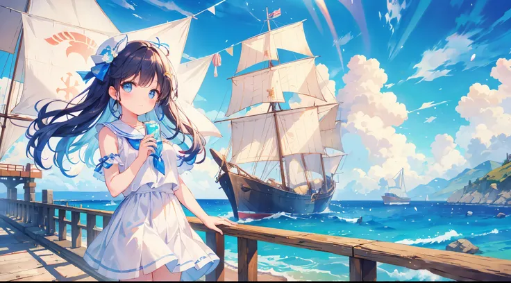 A girl posing cutely in front of a large sailing ship、Bokeh effect strong、Blue sky、cloud、Ocean