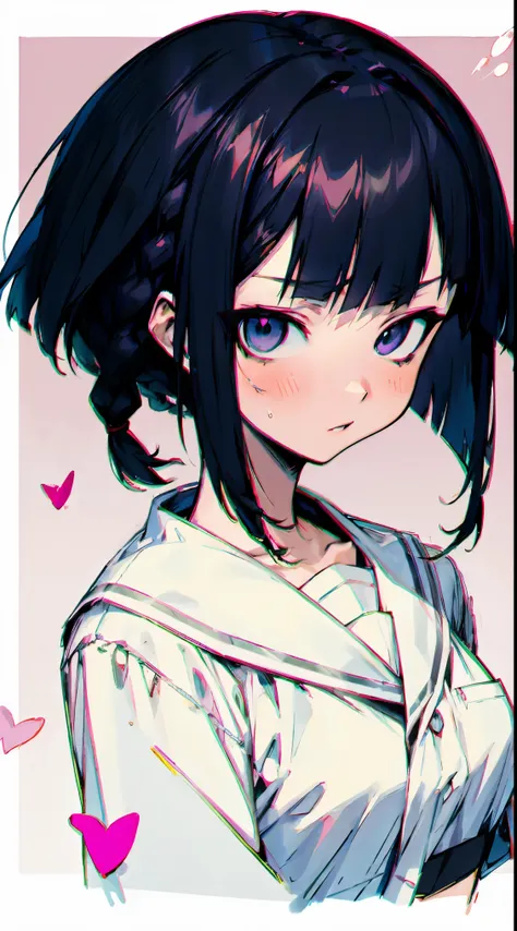 an anime illustration of an anime girl with a black bob cut in front of pink hearts with a black frame, 1girl, solo, looking at ...