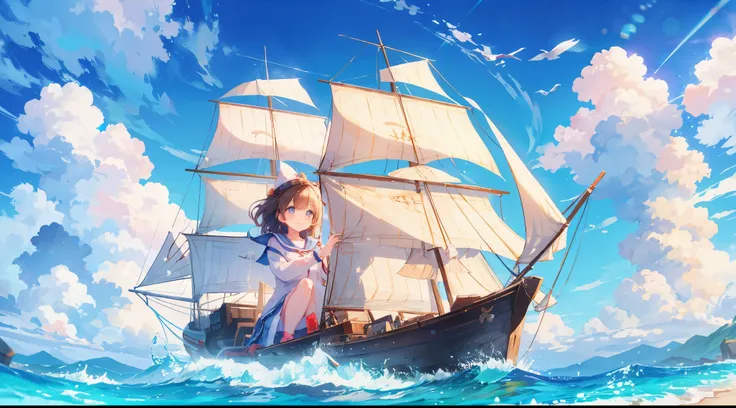 A girl posing cutely in front of a large sailing ship、smile、Bokeh effect strong、Blue sky、cloud、Ocean