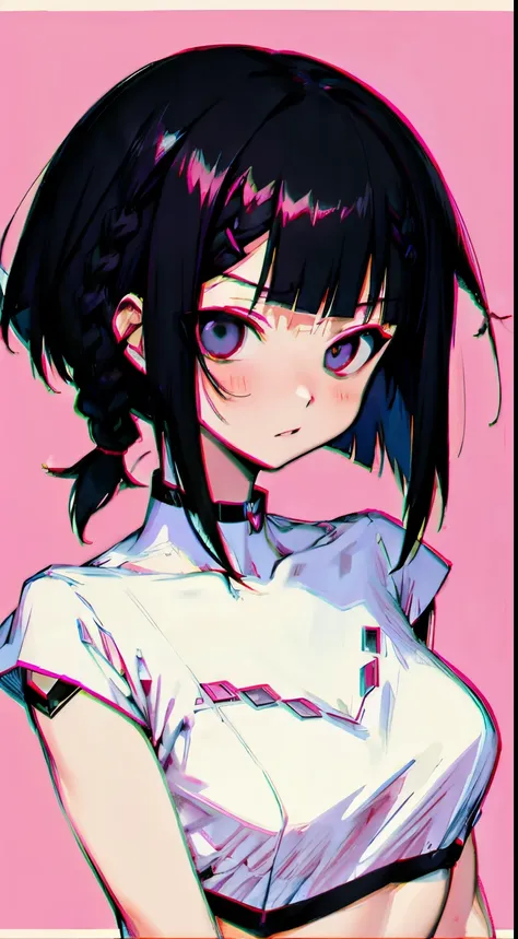 an anime illustration of an anime girl with a black bob cut in front of pink hearts with a black frame, 1girl, solo, looking at ...