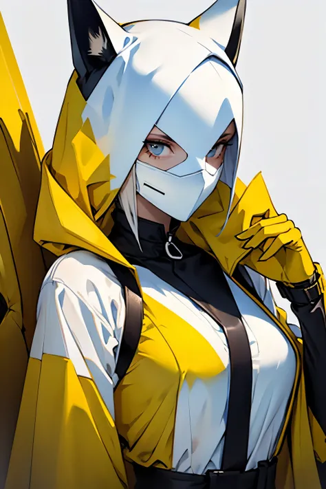 woman dressed in yellow garbs and a full Pale white mask