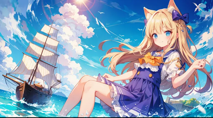 A girl posing cutely in front of a large sailing ship、smile、Bokeh effect strong、Blue sky、cloud、Ocean