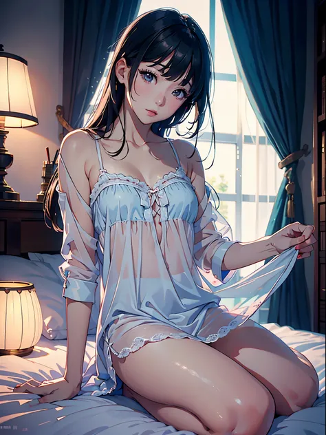 Nightgown in bed in bedroom at night、Stand on your knees、droopy eyes: 1.3,, (In 8K) , master piece, (No retouching, lip gloss, false eyelashes, real skin, top quality, Super high resolution, Depth of bounds written, chromatic aberration, caustics, wide lig...