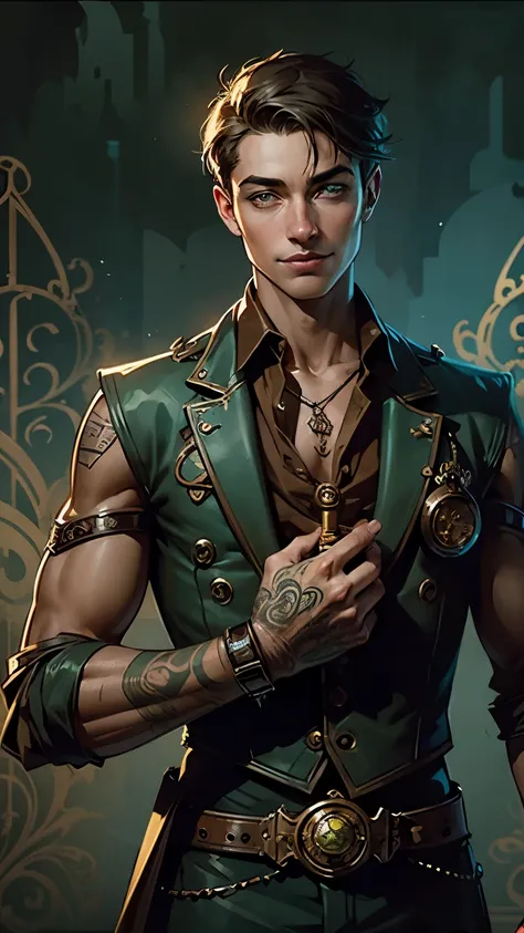 fantasy steampunk, a young attractive man, brush cut, pale green eyes, tan skin, smiley face, look like Barry Keoghan, many black tattoo on hands, circus background, he is an illusionist and mage, teenager, steampunk cowboy style in clothes, Western fantas...