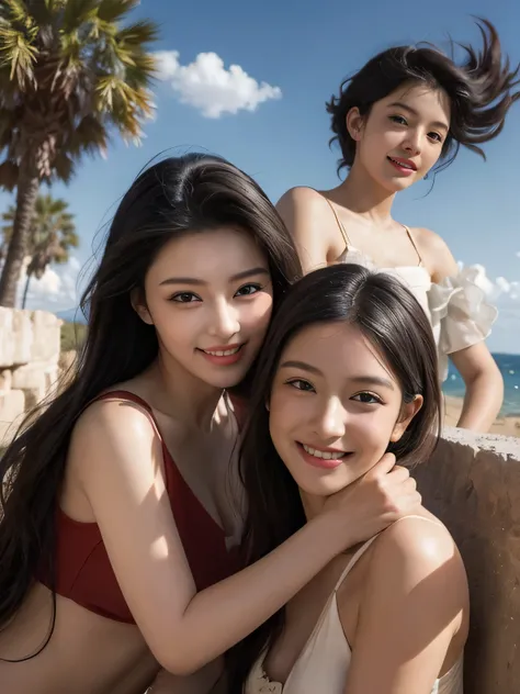 Ancient Roman landscape in the style of Nicolas Poussin,laughter,,Sweet and seductive appearance.、Caravaggios paintings、Chiaroscuro of Caravaggio、hair tousled by the wind,Two women frolicking,cute smile, expression of ecstasy,Sexy,erotic