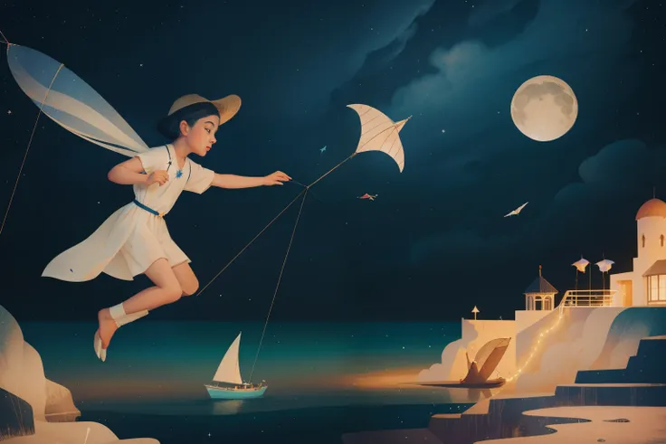 1920s Cosmic Kite Flying by the Moonlit Sea (Location: Moonlit Sea)
Character: A White child with starry freckles flies a cosmic-themed kite by the moonlit sea during the 1920s, invoking the magical essence of Enid Blytons storytelling.