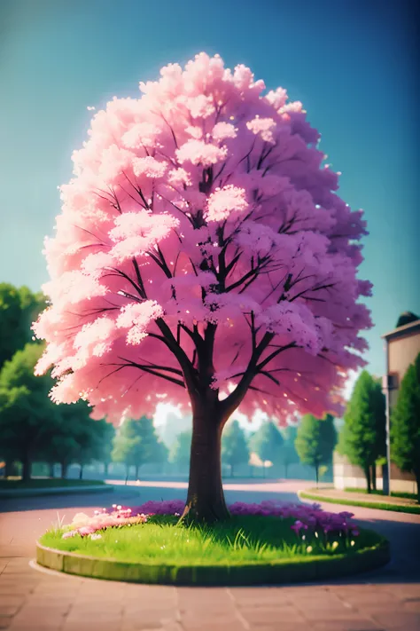 There is a pink tree in the middle of the park, 3D rendering stylization, Stylized 3D 渲染, Stylized for 3D rendering, Stylized 3D, 4D cinema rendering, Rendering in cinema4d, Lovely 3D rendering, 3D stylized scene, Cherry tree, Soft 3D rendering, 3d illustr...