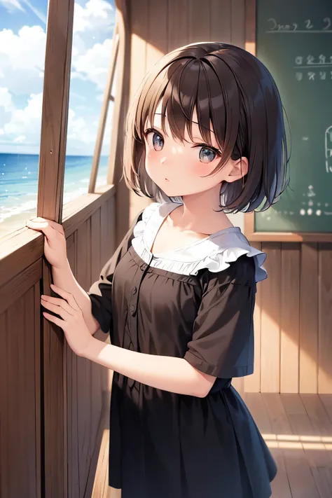 （masterpiece，highest quality）1Blittle girl，8old girl，brown hair，short hair，Lovely，confused，Girl standing in front of blackboard，There are many formulas on the blackboard，indoor，Beach view from the window